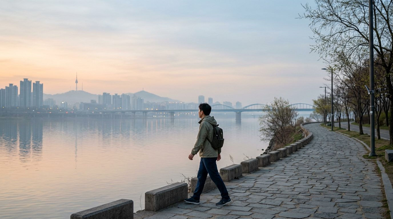 새벽 한강변을 걷는 사람